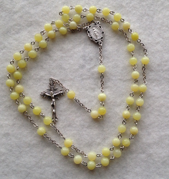 Peridot New Jade Rosary, silver tone 6mm beads, link to purchase button